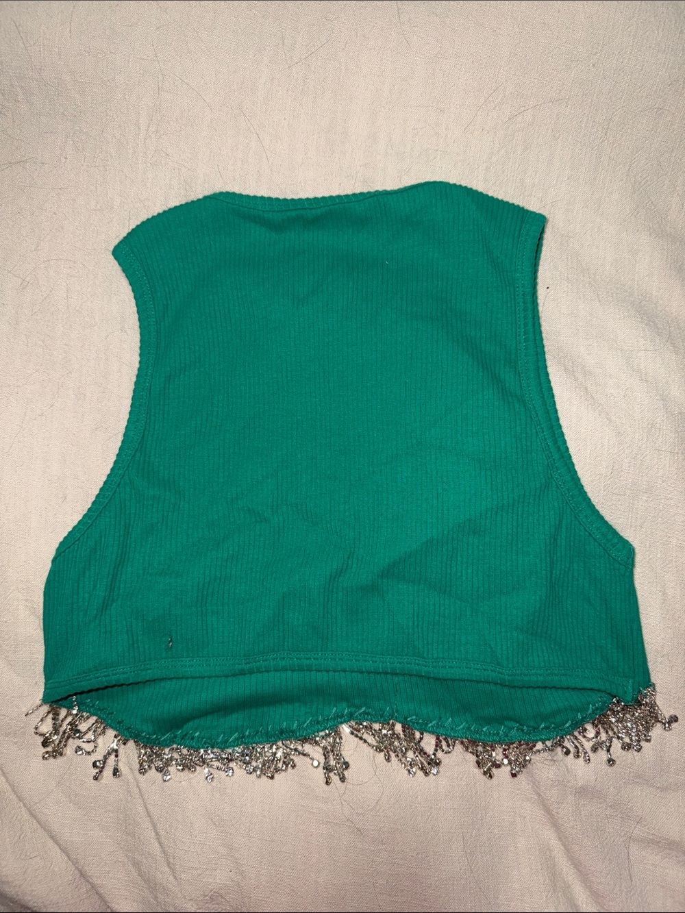 Green Rhinestone Fringe Ribbed Crop Top - Picture 2 of 3